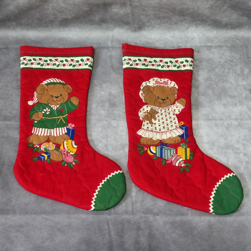 Vintage Christmas Stocking Lucy Rigg Teddy Bears Quilted Reversible 15"